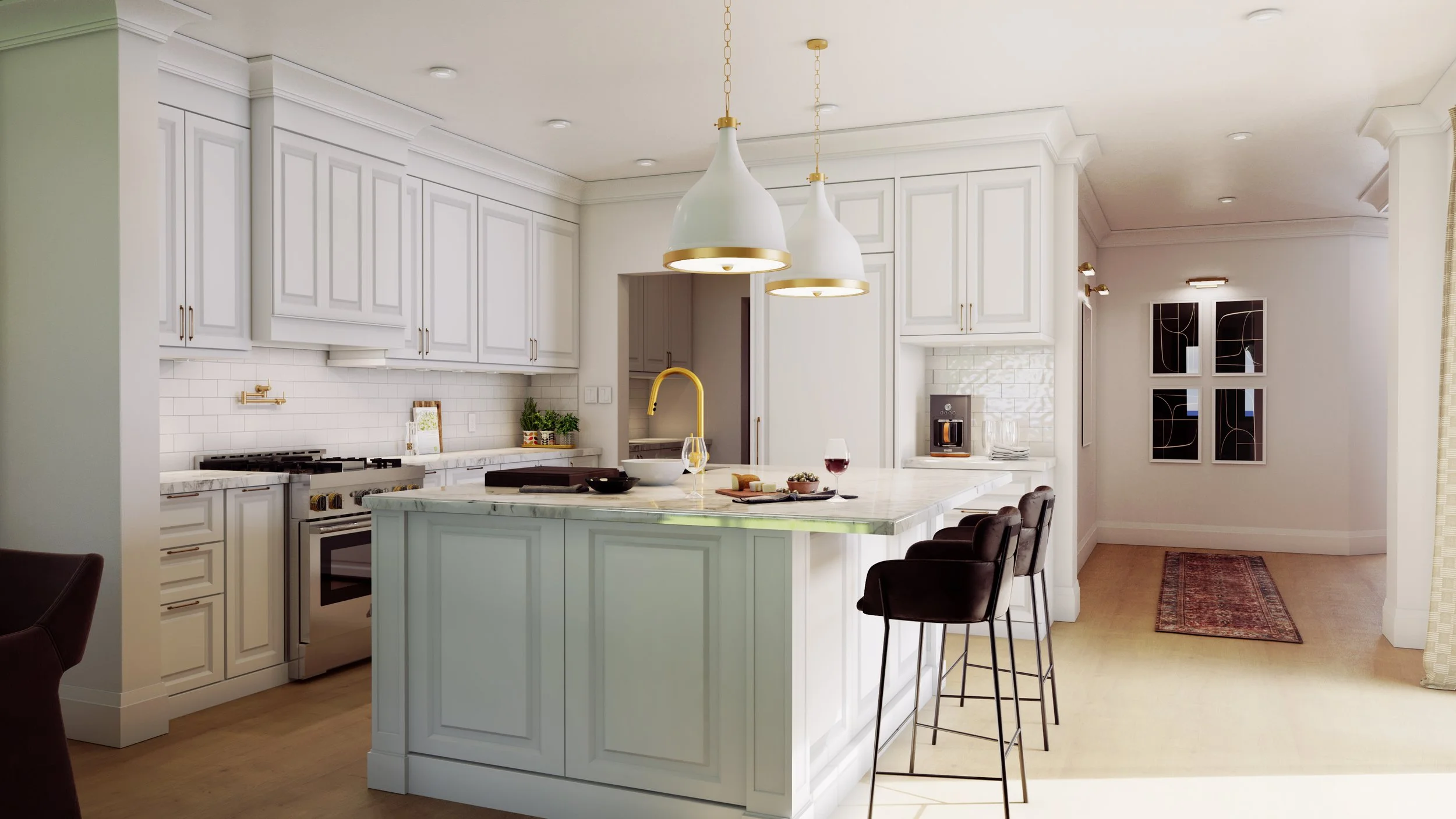 Modern kitchen with white cabinets, marble island, pendant lights, and bar stools, with a hallway leading to a living area with art on the walls.
