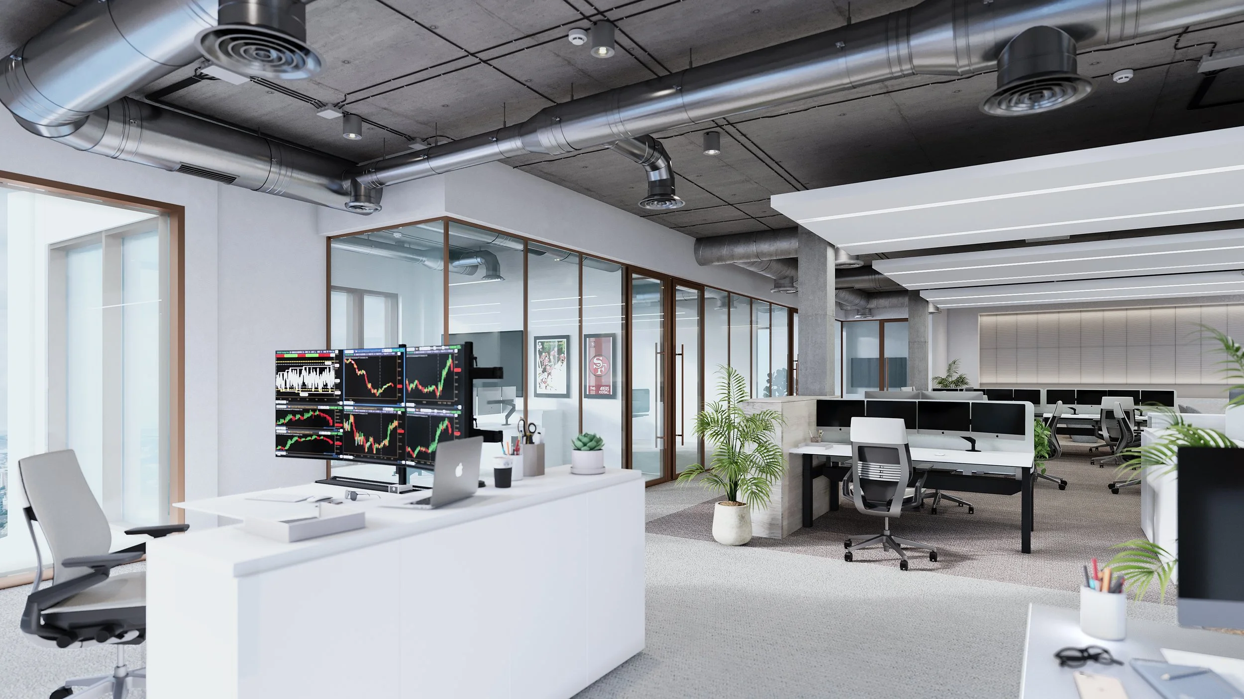 Modern open-concept office with multiple workstations, large monitors displaying stock charts, glass-walled meeting rooms, and green plants. Exposed ceiling with air ducts and linear lighting.