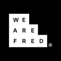 Text on a black background spelling 'WE ARE FRED' arranged in a stepped pattern.