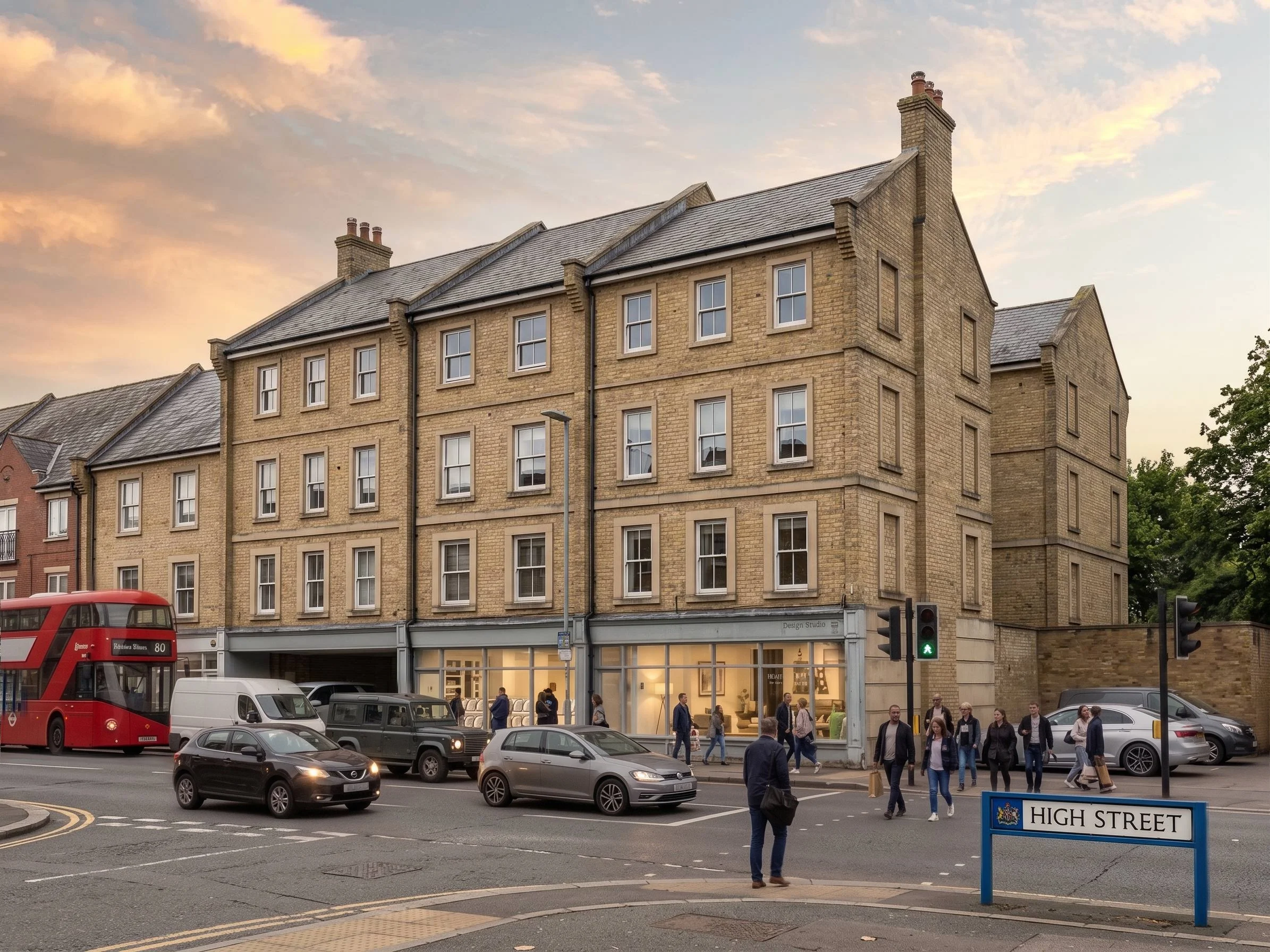 A busy city street with multiple cars and pedestrians. A red double-decker bus and various other vehicles are visible. The background features a large brick building with shopfronts on the ground floor, some with large windows and storefront displays