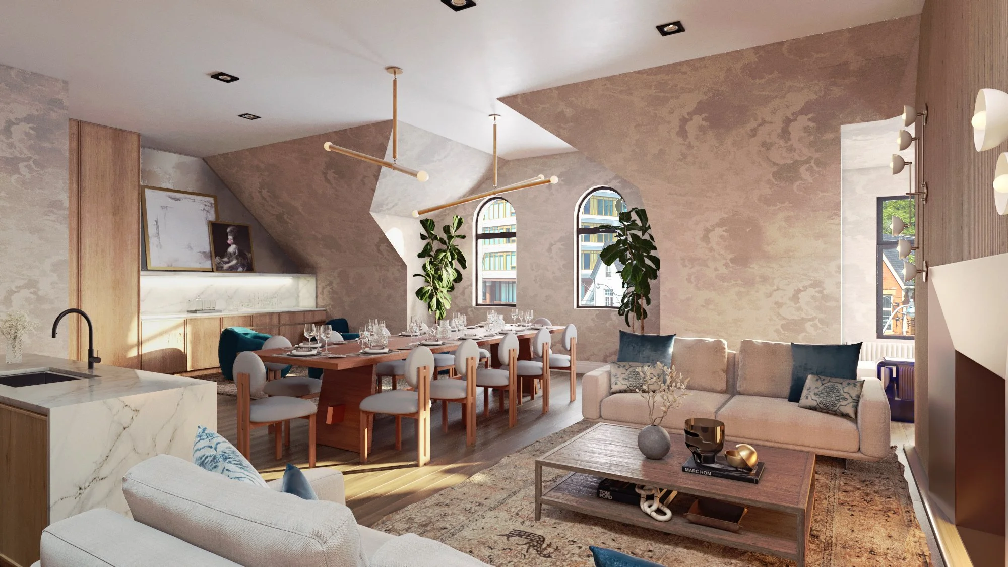 Modern dining and living room area with a long dining table set for a meal, surrounded by white and blue chairs, large windows letting in natural light, and comfortable seating with decorative cushions. Decorative plants and artwork are visible, alon