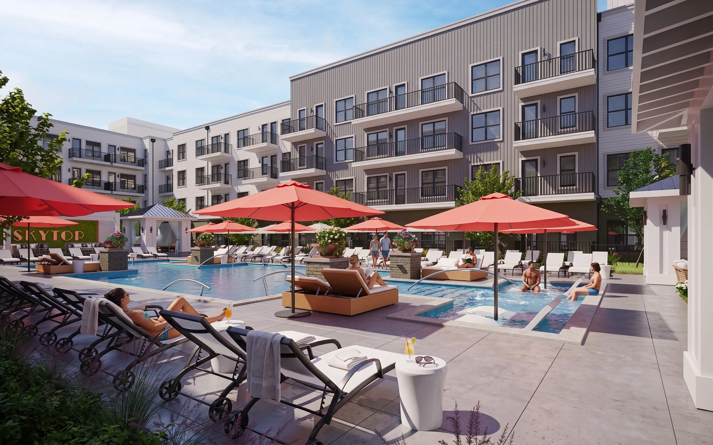 A modern apartment complex with a swimming pool and outdoor lounging area, featuring red umbrellas, pool loungers, and residents relaxing.