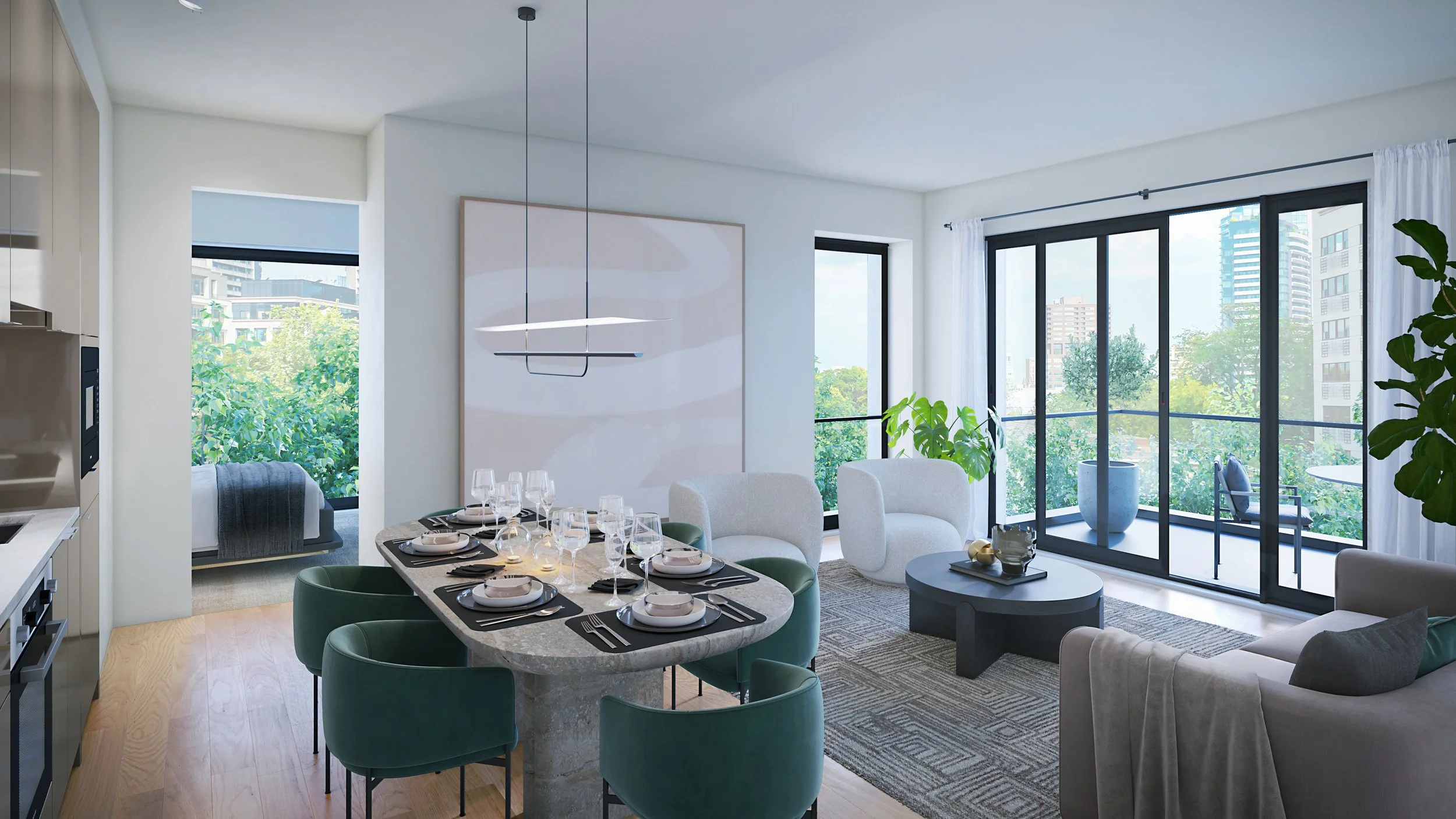 Interior of a modern apartment with a dining area, large windows, and a living room with seating, plants, and city view.