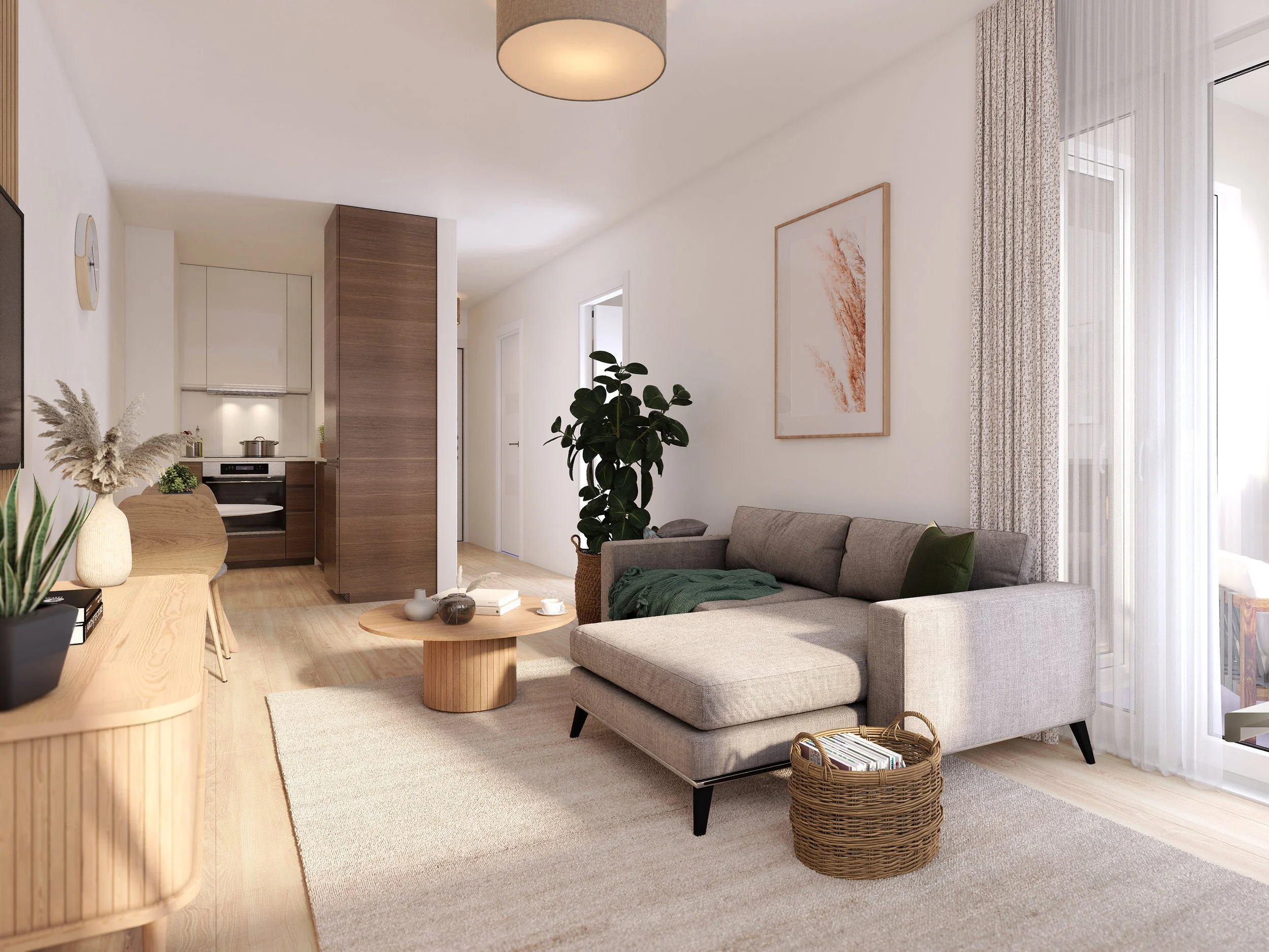 A modern living room with a gray sofa, black legs, and green cushions, next to a round wooden coffee table with decorative items, near a large window with sheer curtains, and a framed pink artwork on the wall.