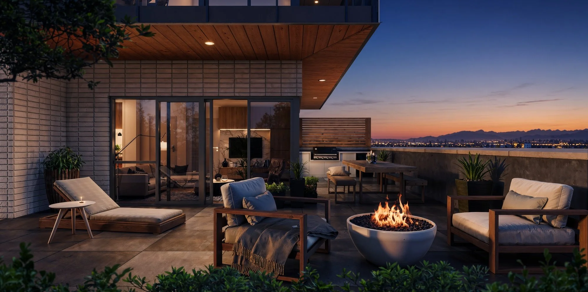 Rooftop patio with modern furniture and a fire pit, overlooking a city and mountains at sunset.