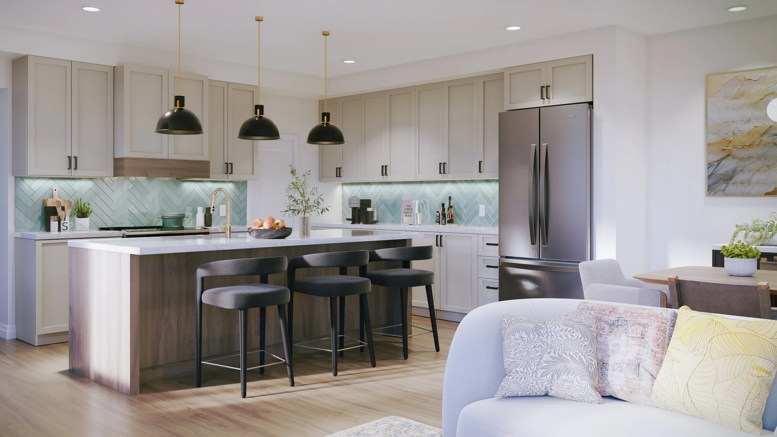 Modern kitchen with light cabinets, black pendant lights, a kitchen island with barstools, and stainless steel refrigerator, adjacent to a dining area with a white sofa and a round table.
