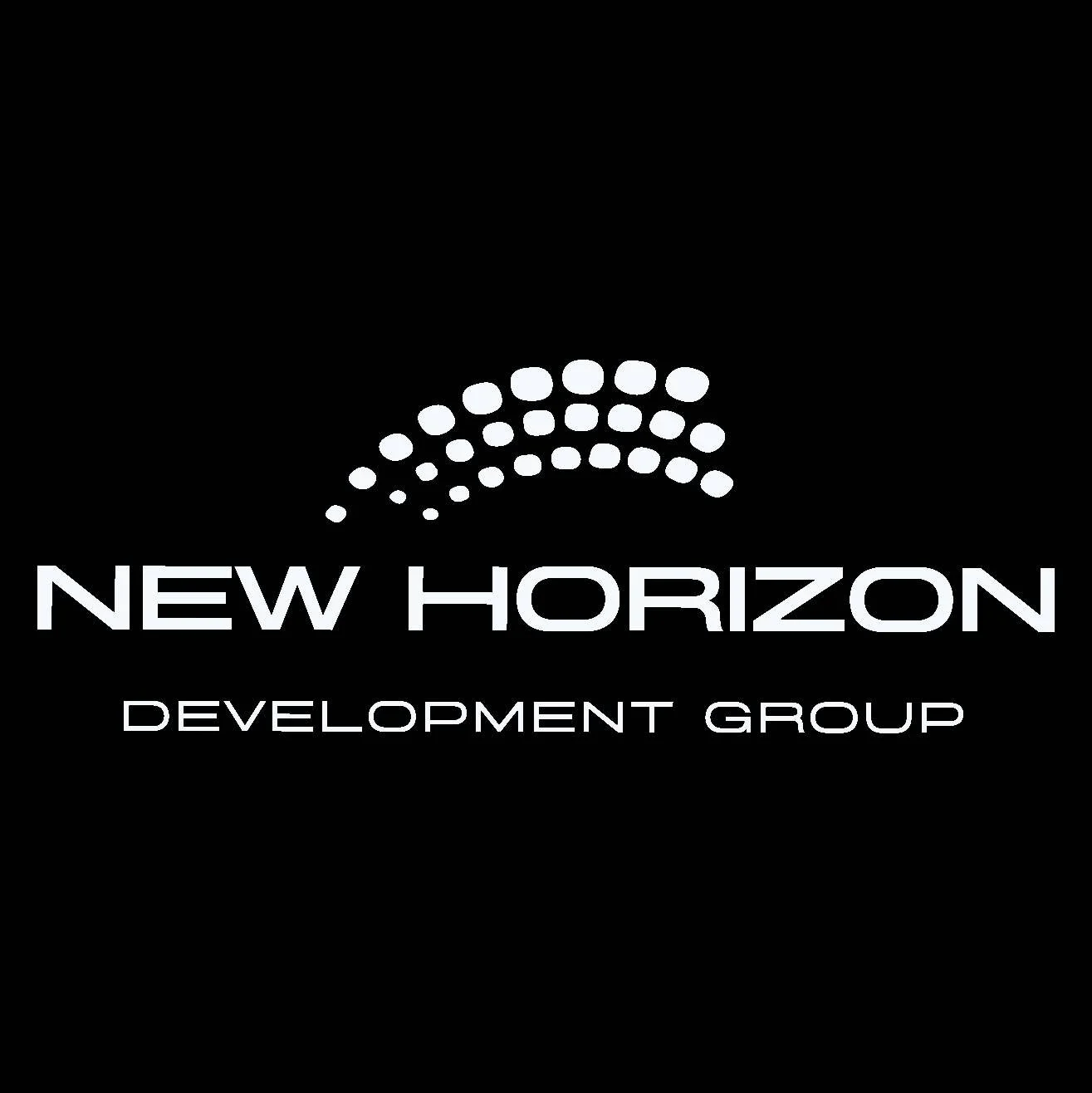 Logo for New Horizon Development Group featuring a stylized arc of white dots and the company name in white text on a black background.
