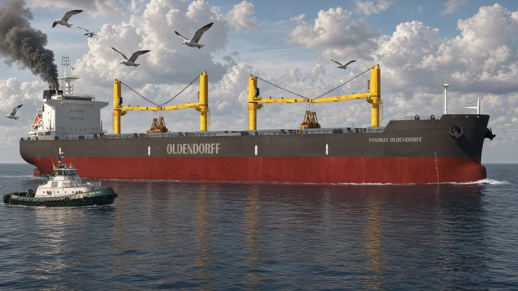 A large cargo ship named 'Oldendorff' with a black hull, red bottom, and white lettering, sailing on the ocean with a smaller tugboat nearby. The sky is partly cloudy, and seagulls are flying above. The ship's superstructure is white with black smoke coming from the exhaust.