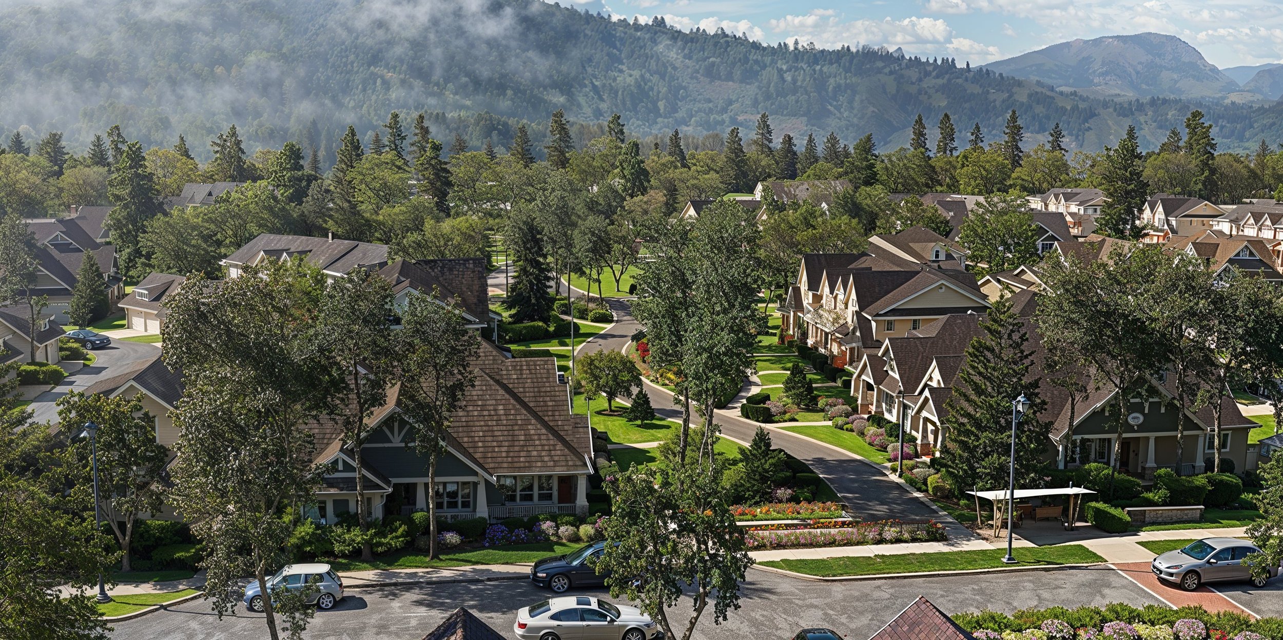 A suburban neighborhood with houses surrounded by green trees, sidewalks, and cars parked on the street, with mountains in the background and a partly cloudy sky.