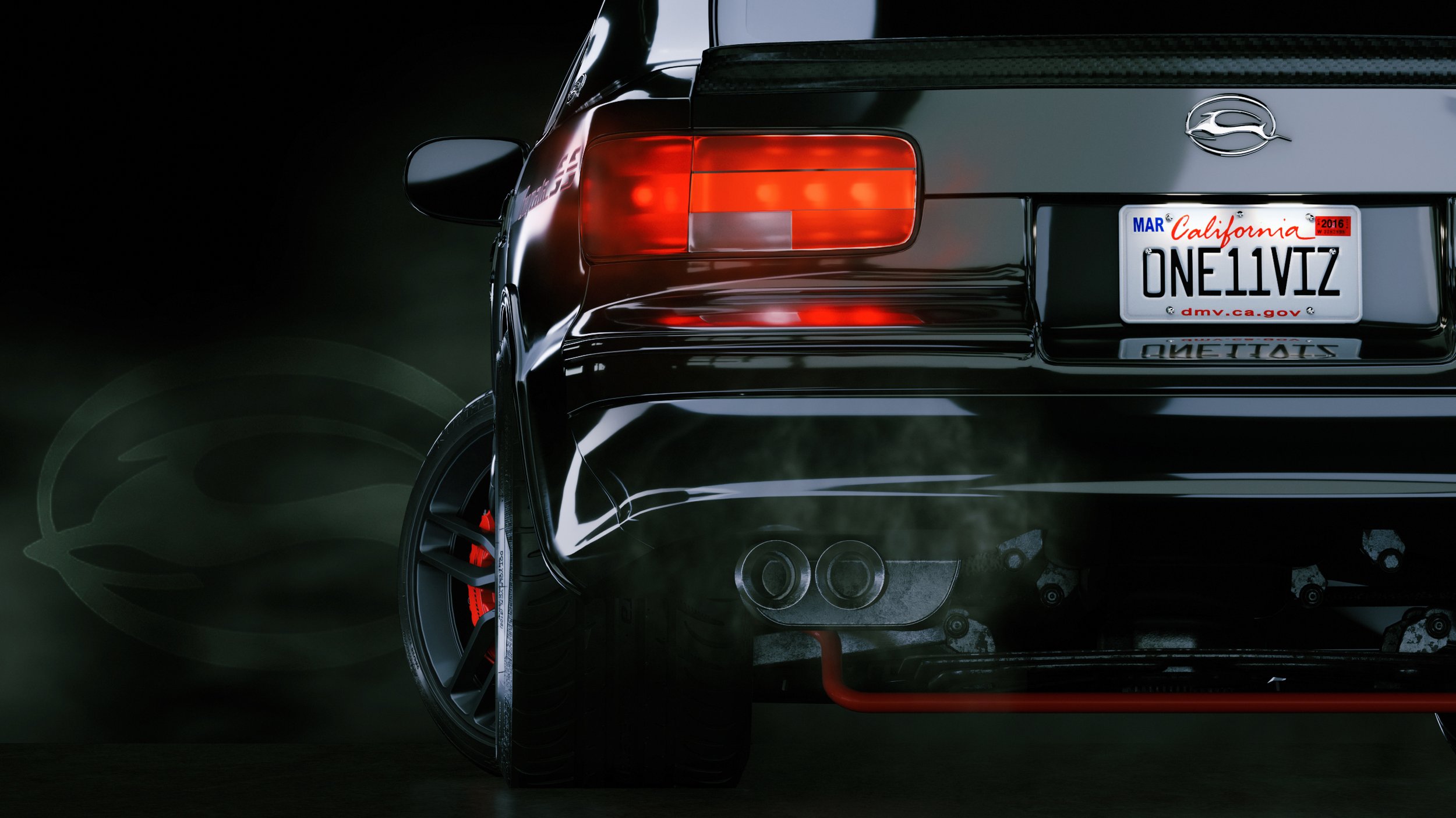 A sleek black sports car with a California license plate that reads 'ONE11VIZ', showing the rear section. The car has a modern, shiny exterior with a prominent taillight. The background is dark, and there are reflections on the car's surface.