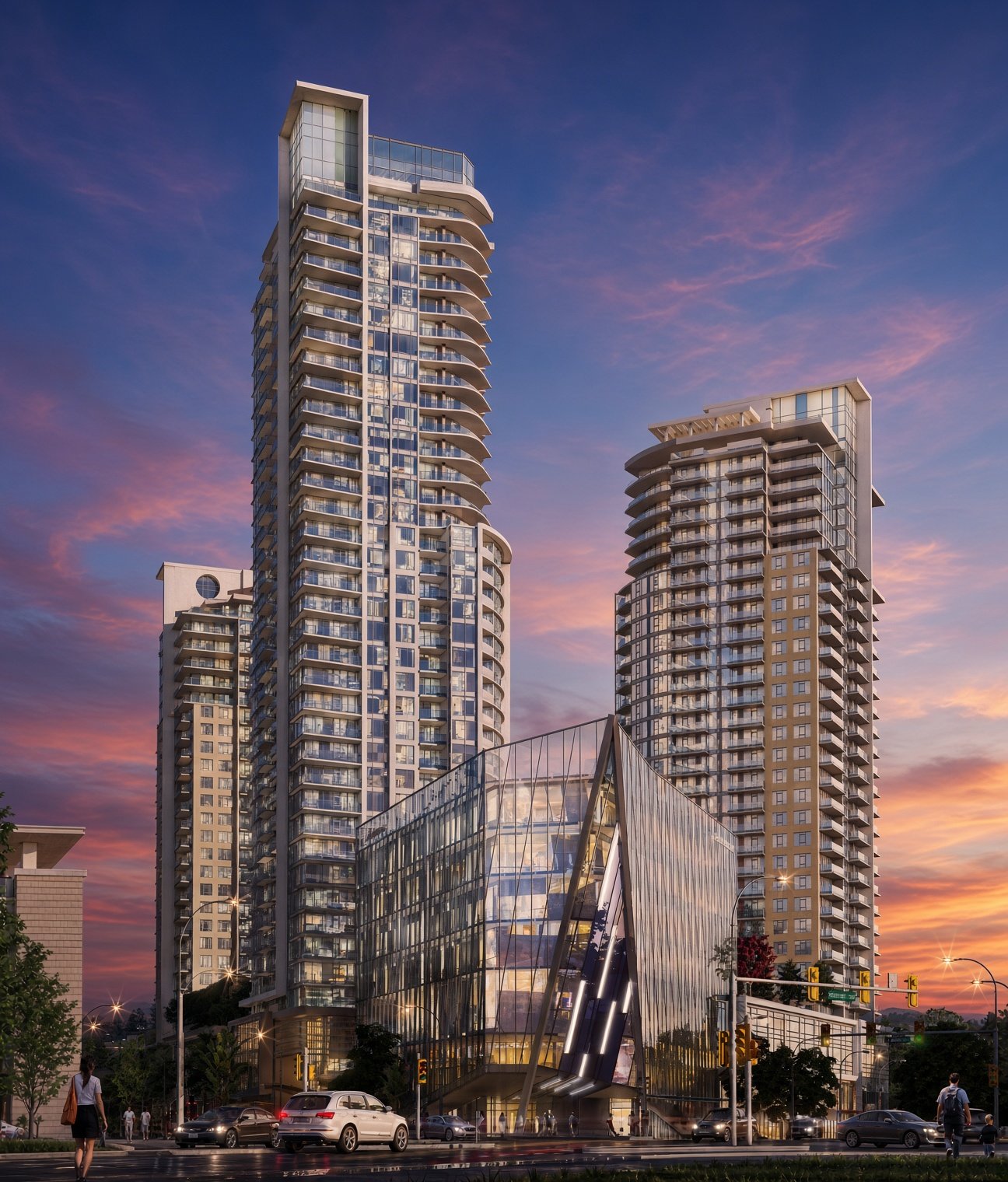 Modern high-rise buildings with glass facades against a sunset sky, featuring a unique architectural structure at street level with pedestrians and cars in the foreground.