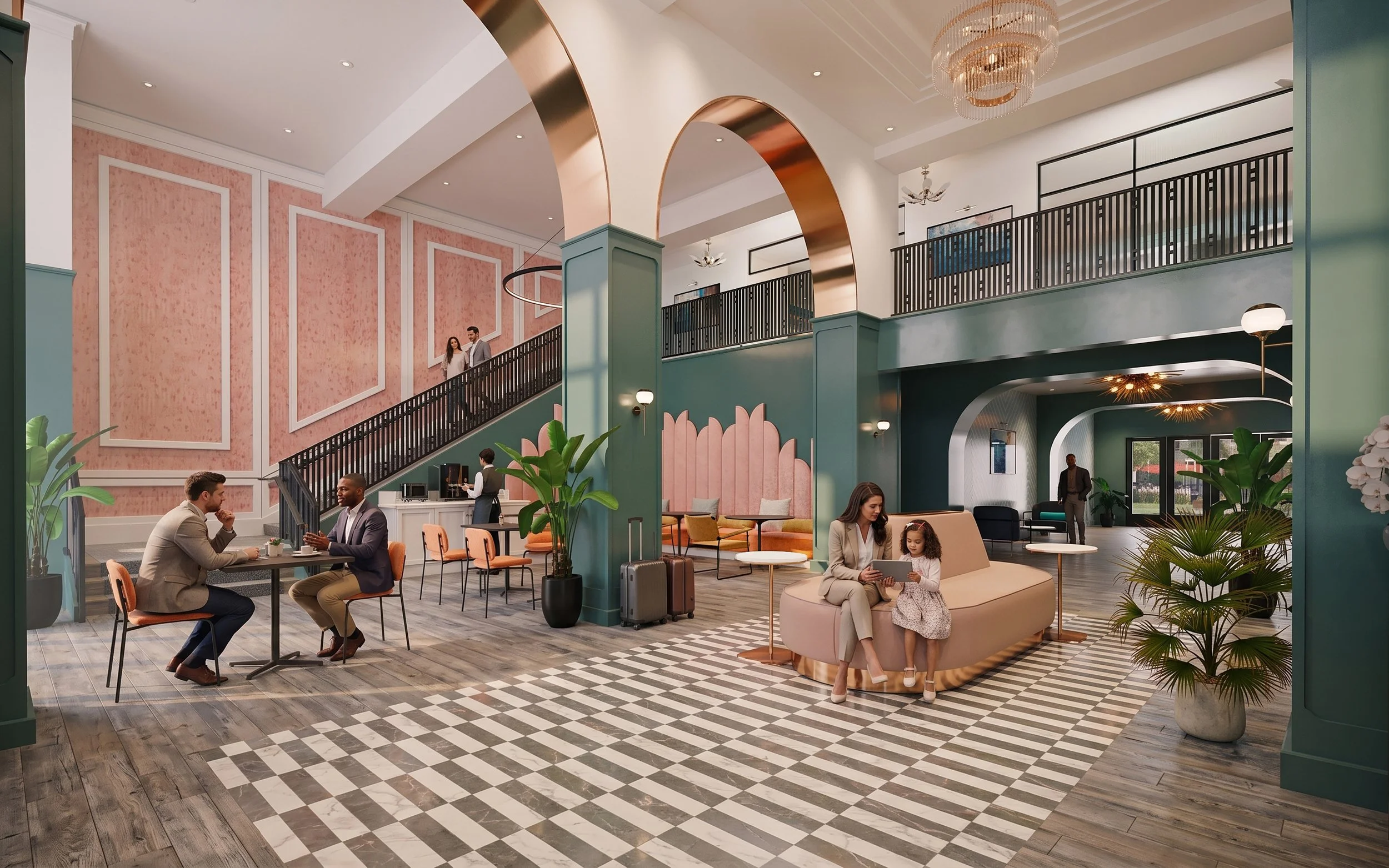 The image shows a modern hotel lobby with a high ceiling, green and pink walls, stylish lighting fixtures, and a checkered black-and-white floor. People are sitting and standing, engaging in conversations or using their devices, with plants and lugga