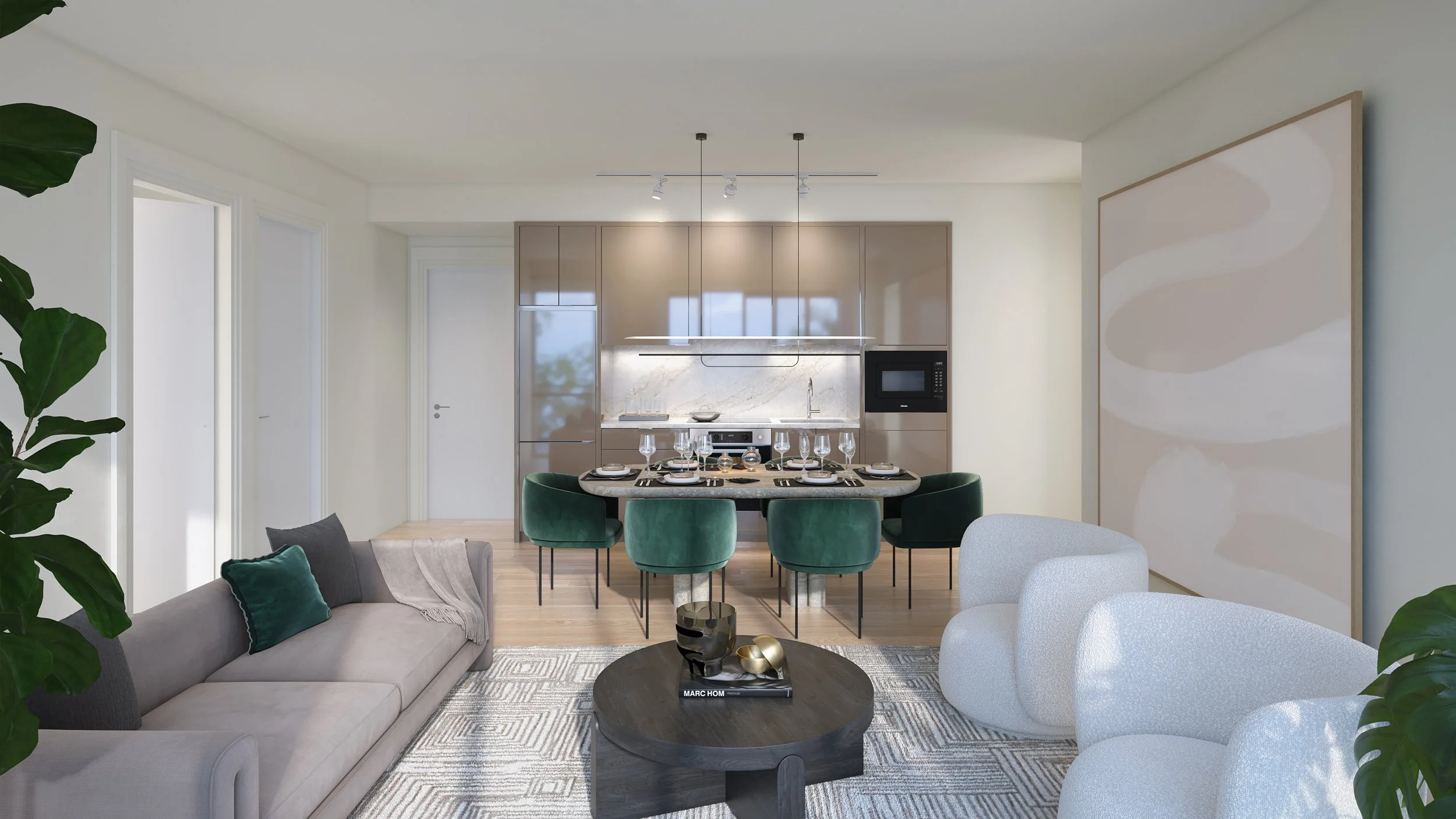 Open-concept living and dining area with a modern kitchen featuring beige cabinets, a marble backsplash, and built-in appliances. The dining table is set with plates, glasses, and cutlery, surrounded by green velvet chairs. The living area includes a gray sofa with pillows, a textured white armchair, and a black coffee table with decorative items. Large windows and a wall painting add to the contemporary decor.
