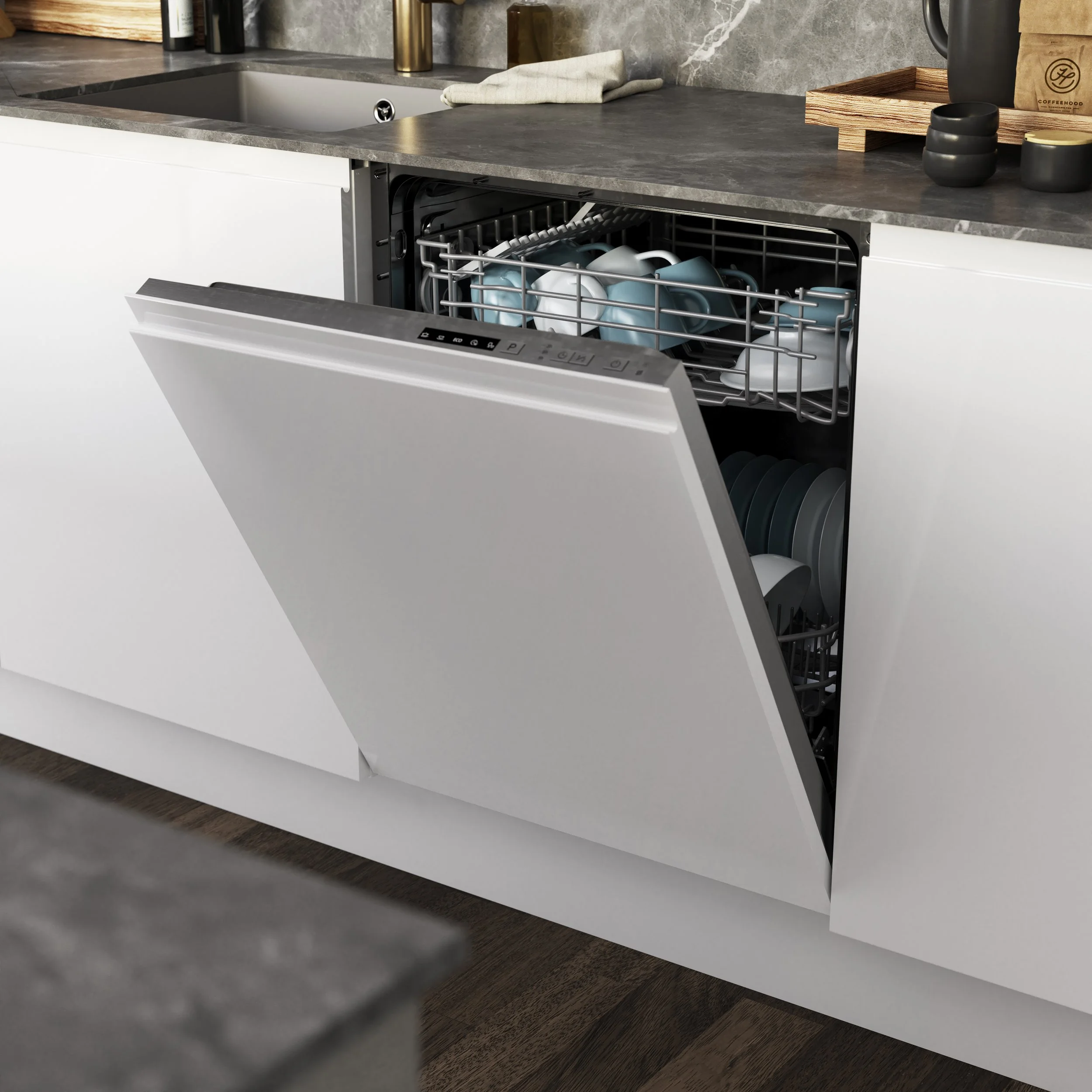 Open dishwasher filled with clean white and teal dishes in a modern kitchen with concrete countertop and dark wood flooring.