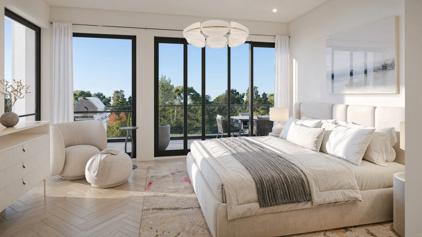 Modern bedroom with large windows, white bedding, and a balcony with outdoor seating and a grill.