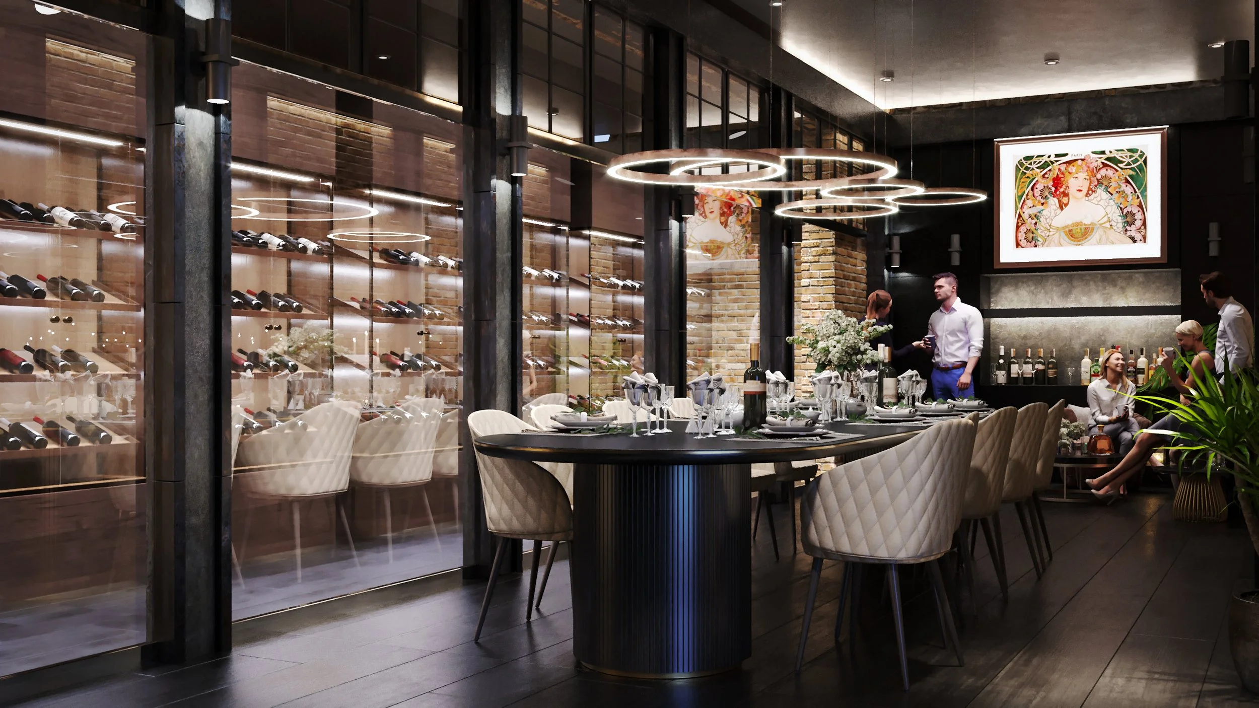 An elegant restaurant with a modern industrial design featuring a wine display behind glass, circular pendant lighting, and a dining table set for a meal with wine bottles, glasses, and silverware. Several people are mingling and socializing near the