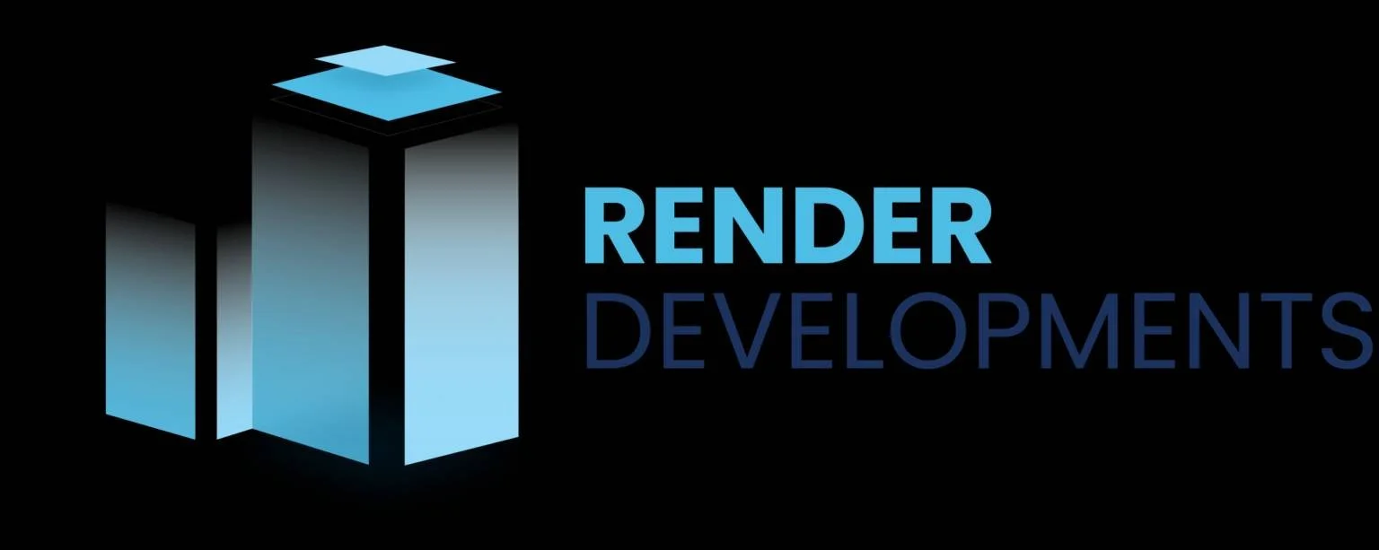 Blue and black logo with three ascending rectangular blocks and text that reads 'Render Developments'.