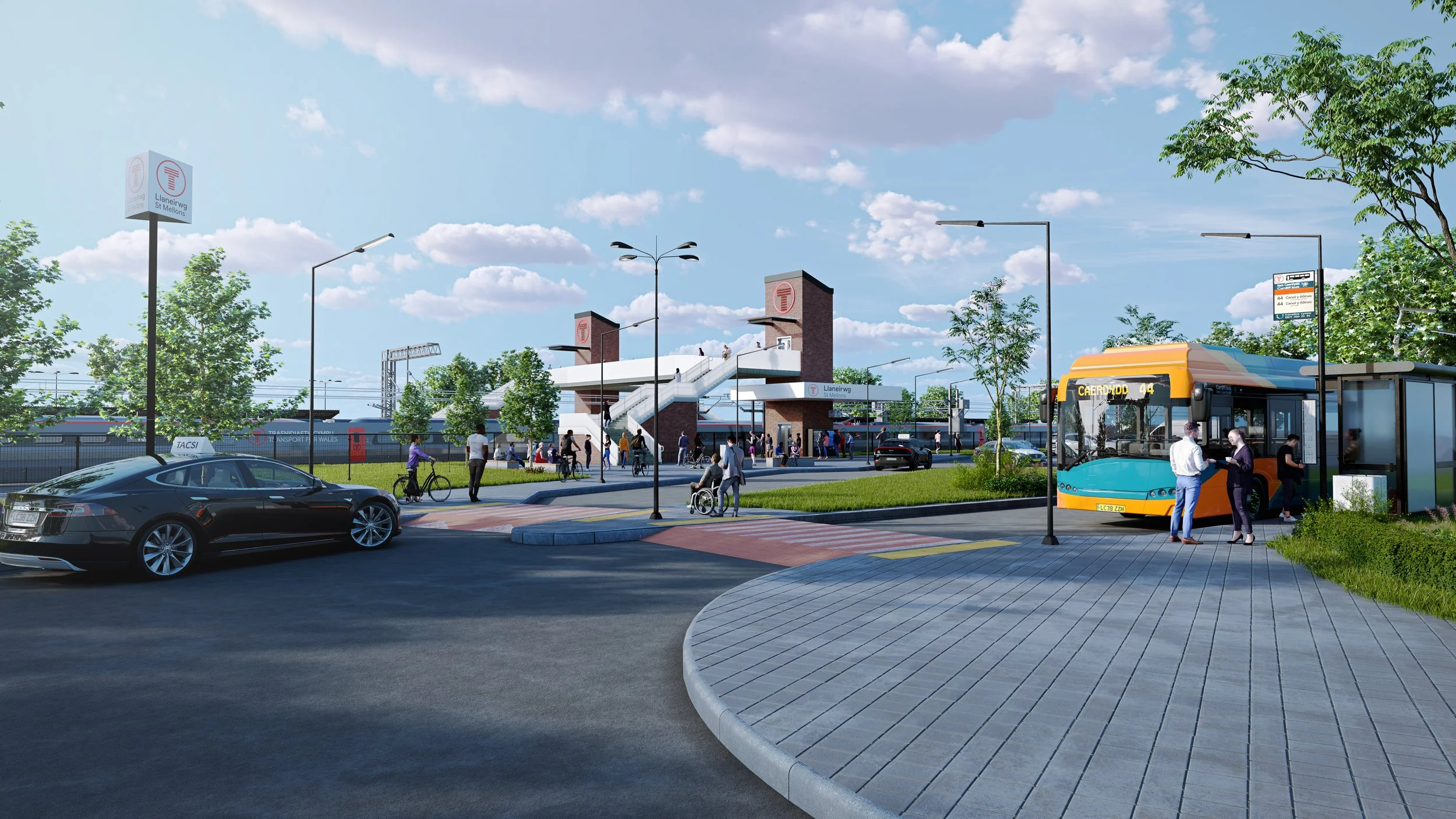 An urban scene with people waiting at a bus stop, a bus arriving, pedestrians walking and cycling, and a train station in the background on a sunny day.