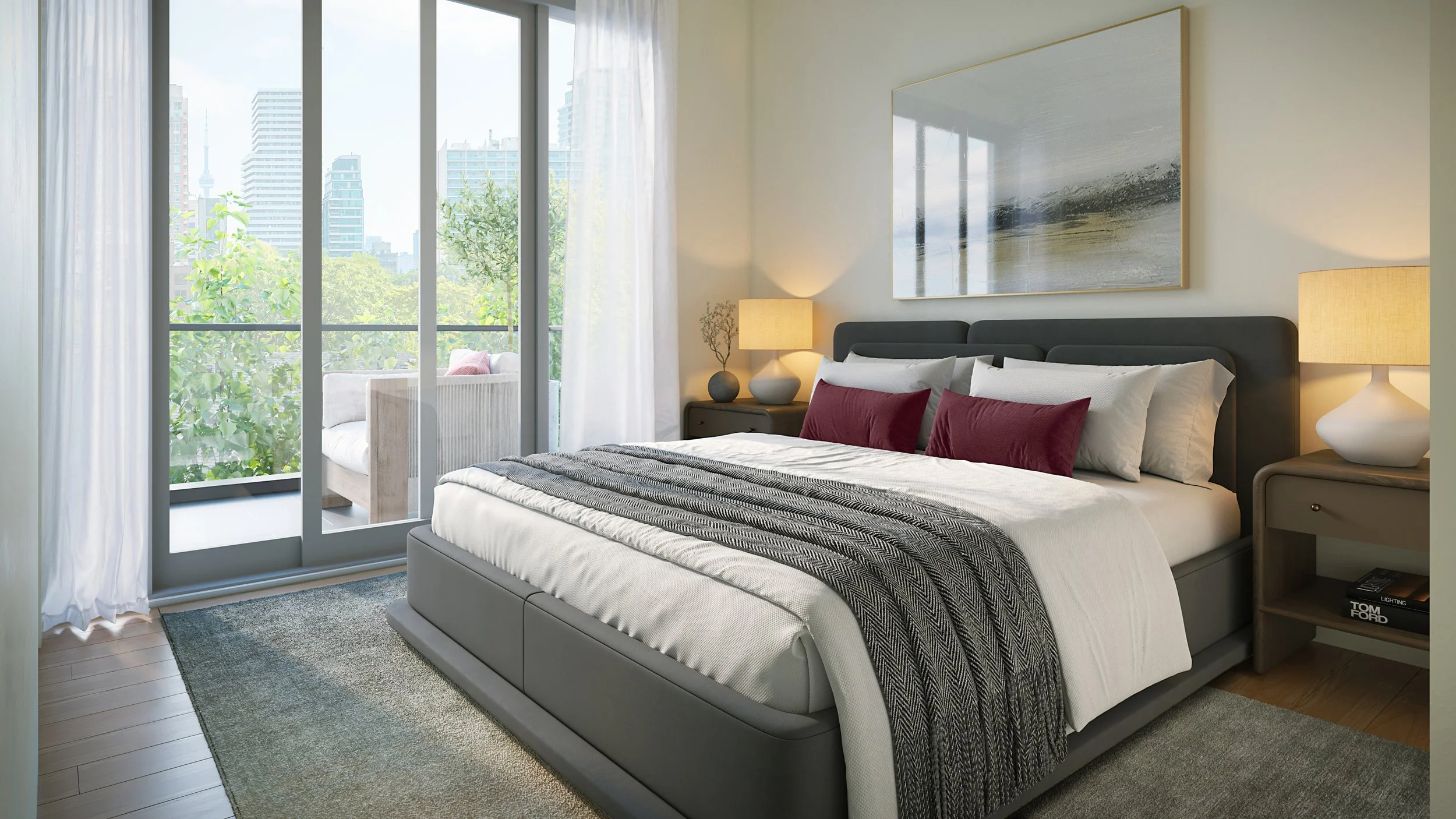 Modern bedroom with large window, bed with white bedding and burgundy pillows, nightstands with lamps, an abstract painting on the wall, and a balcony with outdoor seating and city view.