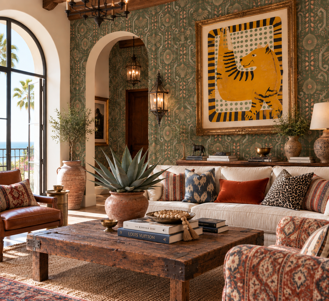 Luxury coastal living room designed by Curious Lines in Crystal Cove
