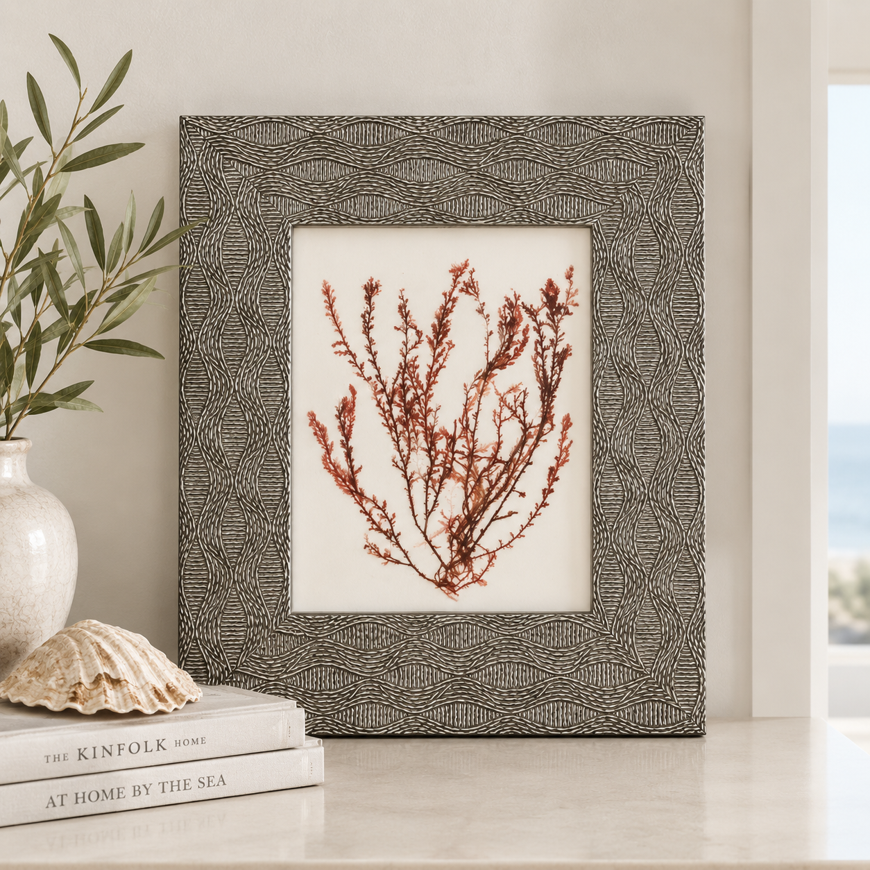 Hand Pressed Seaweed Art in Hammered Metal Frame