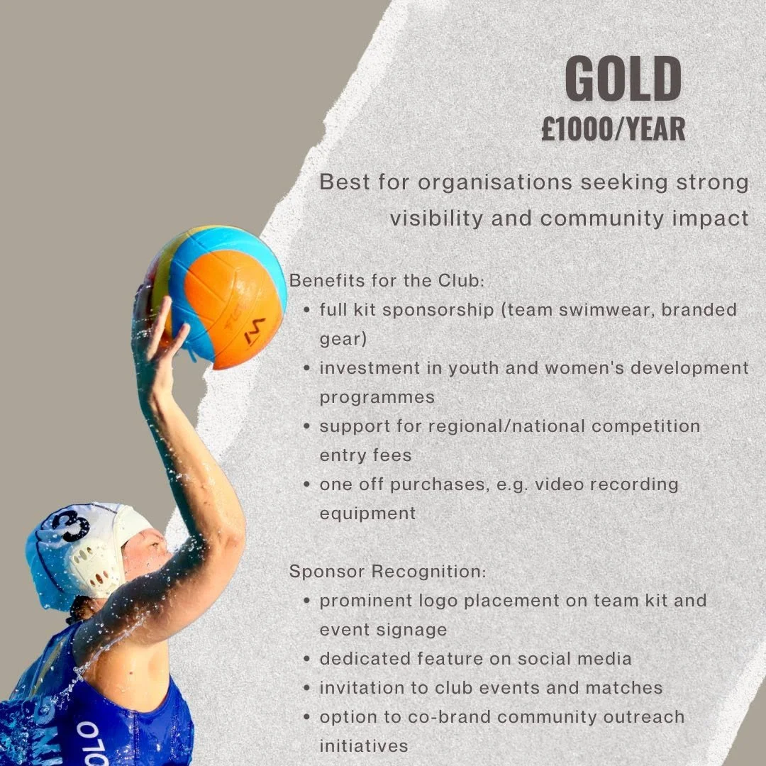 A water polo player holding a water polo ball above their head, wearing a white cap and blue swimsuit, with water splashing around, next to a promotional flyer for gold sponsorship for a sports club.