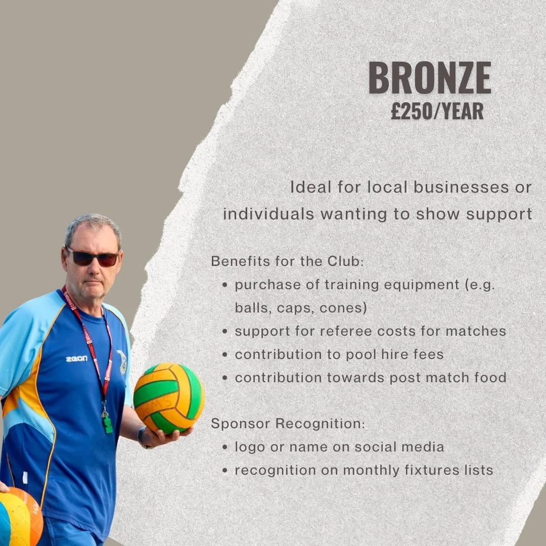A promotional flyer for a bronze sponsorship, costing 250 pounds per year, for a local club. The flyer includes details on benefits such as purchasing training equipment, support for referee costs, contributing to pool hire fees, and post-match food. It also recognizes sponsors through social media and fixture list mentions. The flyer features an older man in sunglasses wearing a blue sports shirt, holding a yellow and green volleyball.