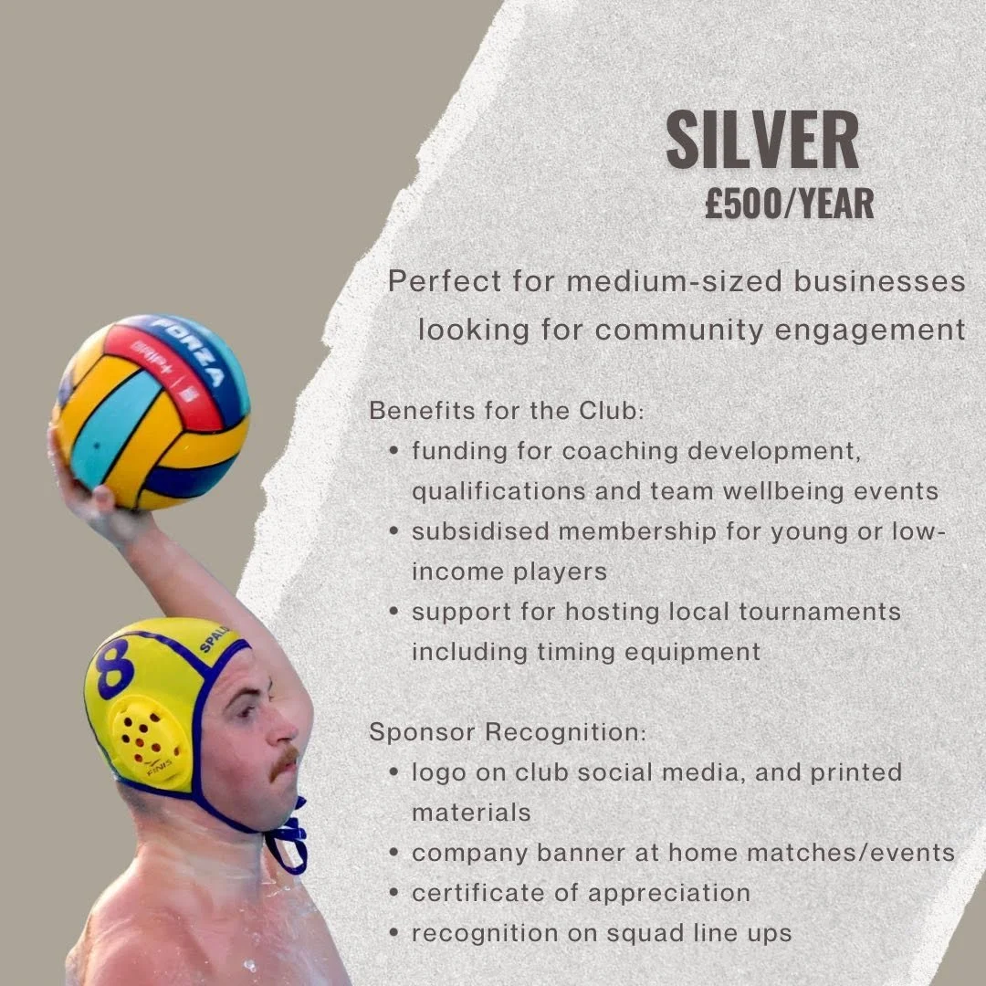 A flyer promoting a Silver membership for a volleyball club, costing £500 per year, with benefits including funding for coaching, subsidized membership, and support for tournaments. It also offers sponsor recognition through social media and printed materials. The flyer features an image of a water polo player holding a ball, with a yellow water polo cap and a blue and yellow ball, partially submerged in water.