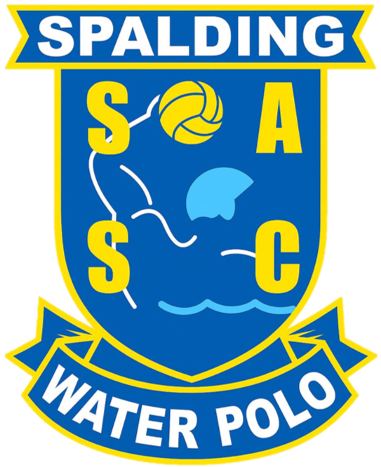 Spalding water polo team logo with a yellow water polo ball, blue shield background, and the words 'Spalding' at the top and 'Water Polo' at the bottom.