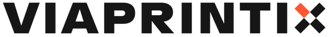 Logo of VIAPRINTX with black text and red and gray geometric design.