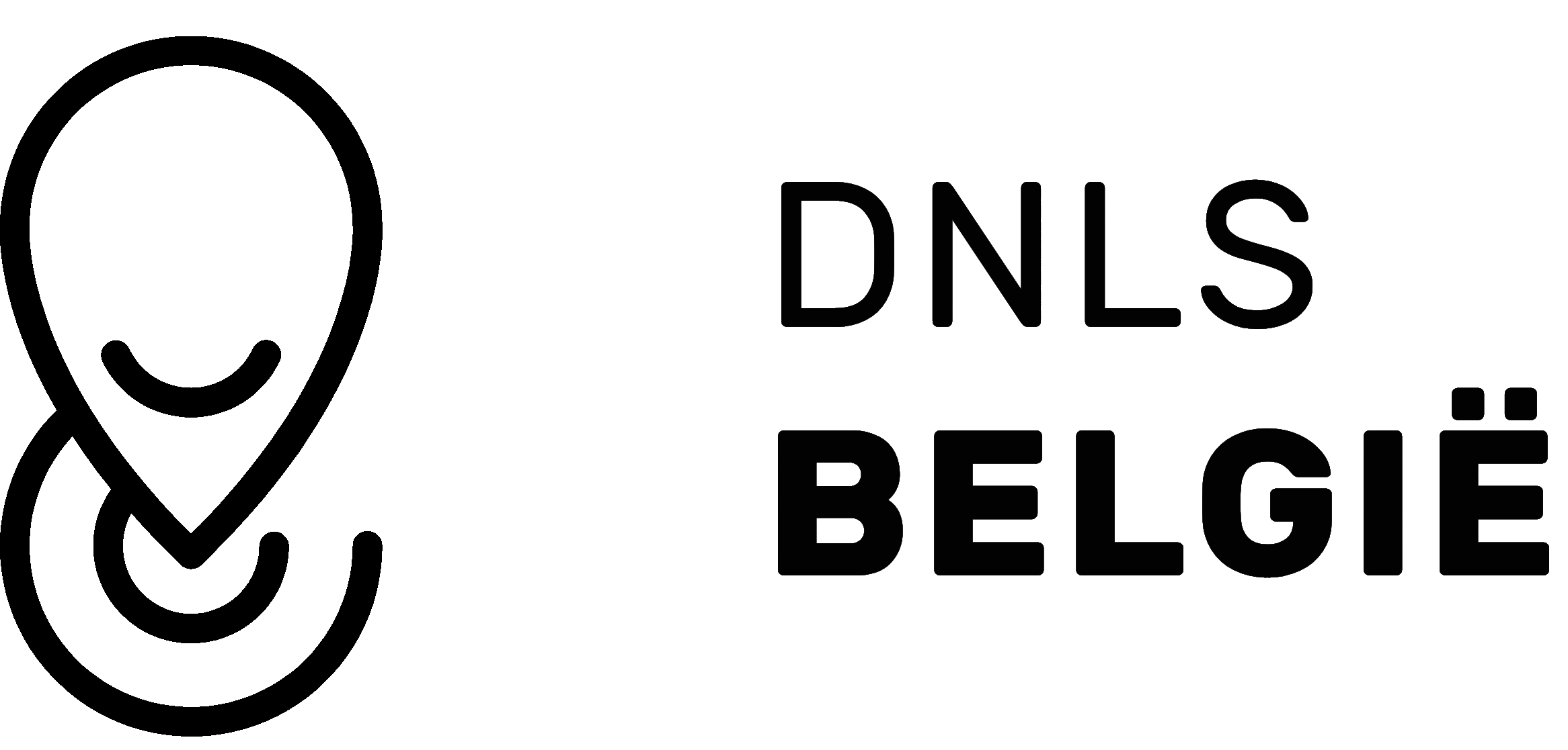 A black and white logo with a smiling map pin icon and the text 'DNS BELGIË' next to it.
