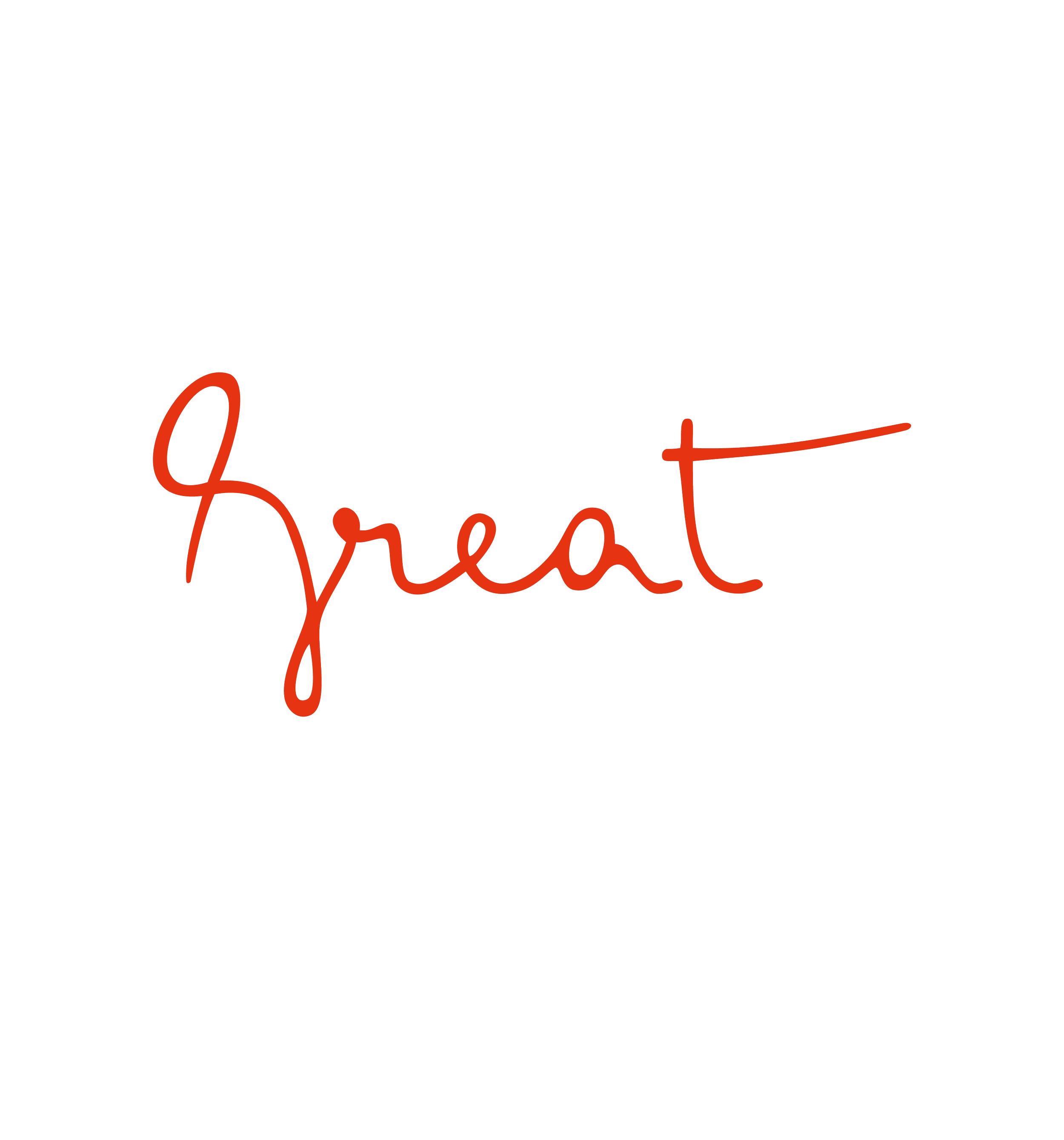 The word 'great' written in a stylized red cursive font on a black background.
