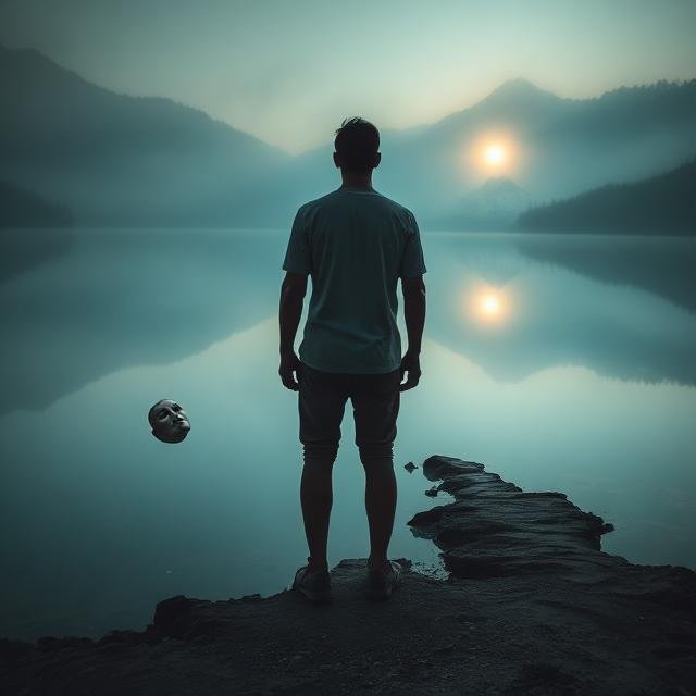 A man standing on a rocky shore gazing at a calm lake with mountains in the background during sunset or sunrise, with a floating mask near him.