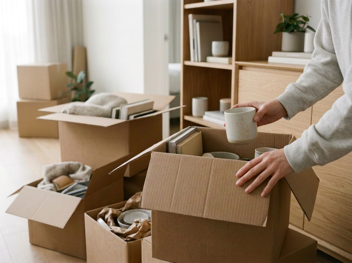 Person packing ceramic cups and dishes into moving boxes in a living room with wooden furniture and boxes containing household items.