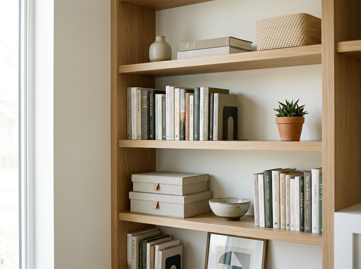 A wooden bookshelf with books, decorative items, and a potted plant, sunlight coming from the left