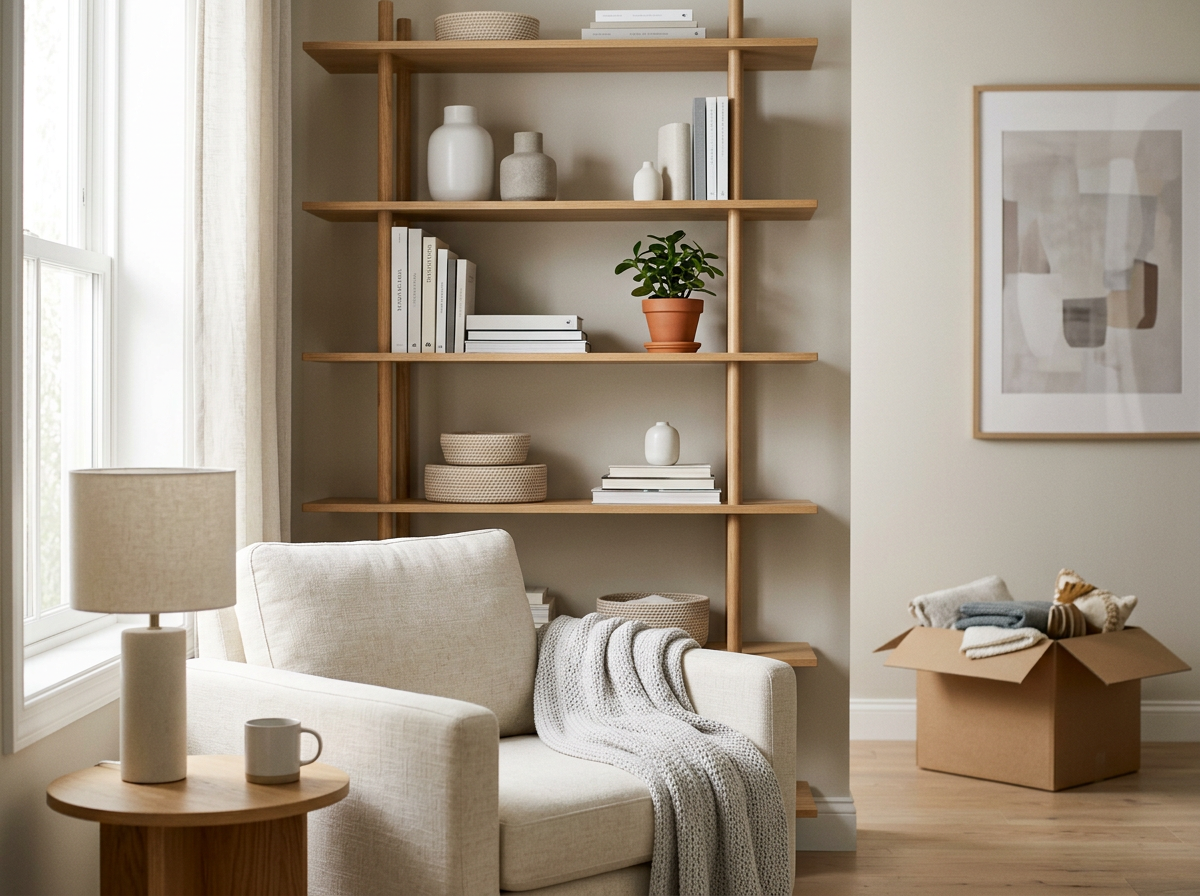 Living room with a beige sofa, a wooden side table with a lamp and mug, a tall wooden bookshelf with decorative vases, books, and a potted plant, a window with curtains, and a cardboard box with clothes inside on the floor, next to a framed abstract art piece on the wall.