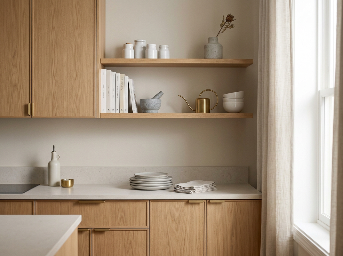 A minimalist kitchen with light wood cabinets, an open shelf with white jars, a gray mortar and pestle, a gold watering can, and white bowls. There are stacked plates and a folded towel on the white countertop next to a white bottle and a gold container. A window with sheer curtains allows natural light to brighten the space.