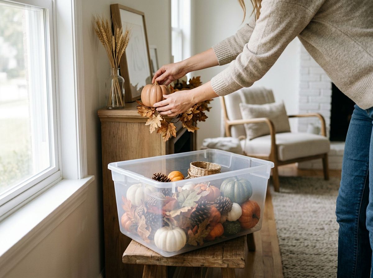 Person arranging small pumpkin on autumn-themed mantel with dried wheat and framed pictures, next to a plastic bin filled with pumpkins, gourds, pinecones, and faux leaves.