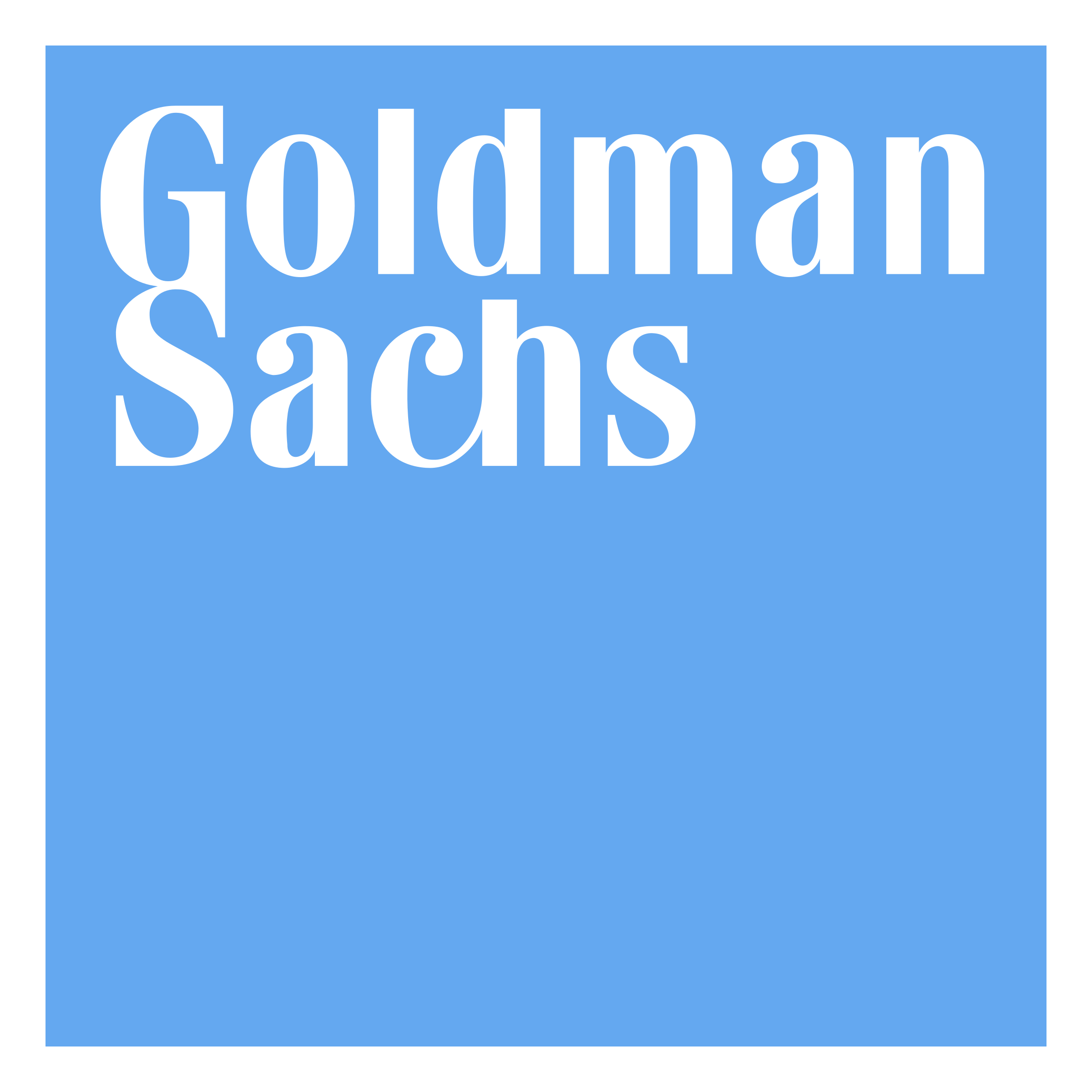 Blue and white graphic design with the text 'Goldman Sachs' in large white letters on a blue background.