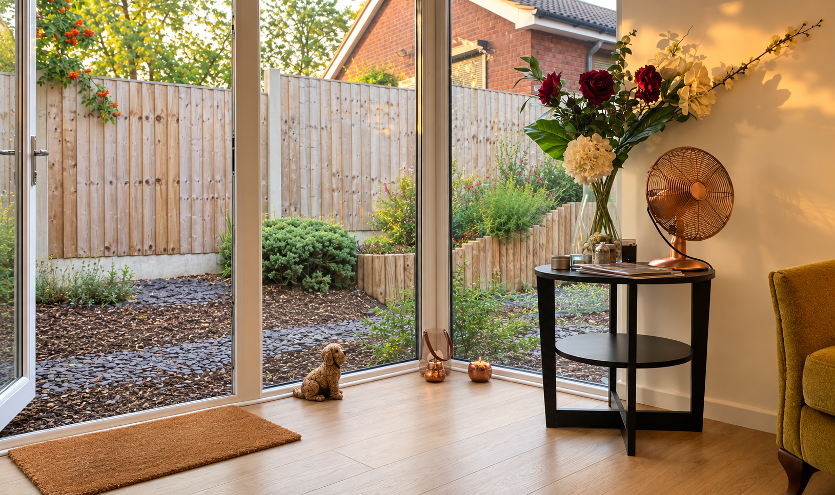 Living room corner with glass sliding door opening to a garden with plants and a wood fence. Inside, there is a small black side table with a vase of flowers, a copper fan, candles, and magazines. A yellow armchair, a doormat, a small dog figurine, and candles on the floor are also visible.