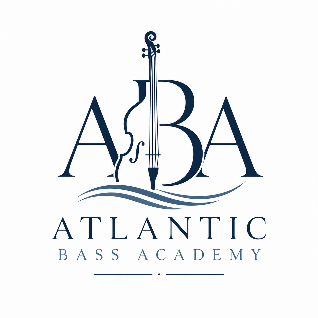 Logo for Atlantic Bass Academy featuring a stylized violin, a bass clef, and the text 'ABA' and 'Atlantic Bass Academy' in navy blue on white background.