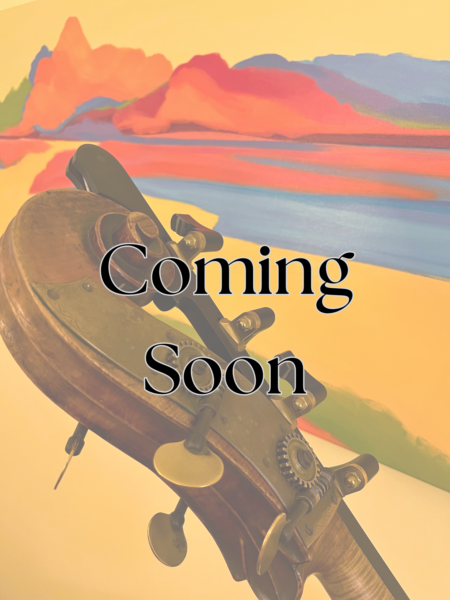 A close-up of a vintage wooden rifle stock and its mechanical parts against a colorful mountain landscape painting, with text overlay reading 'Coming Soon'.