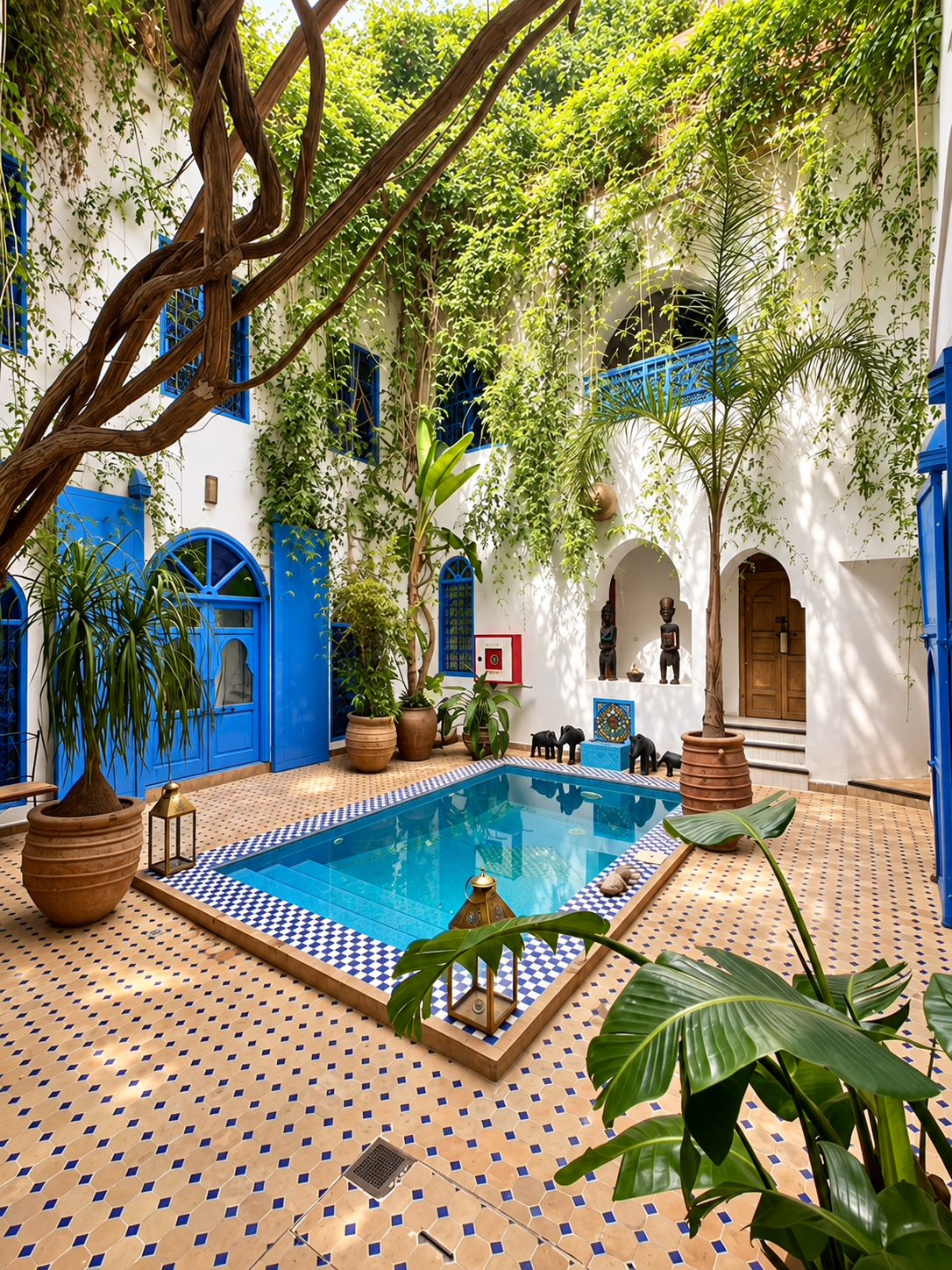 Indoor courtyard with a small pool, surrounded by potted plants, blue doors and windows, decorative statues, and lush green foliage hanging from above.