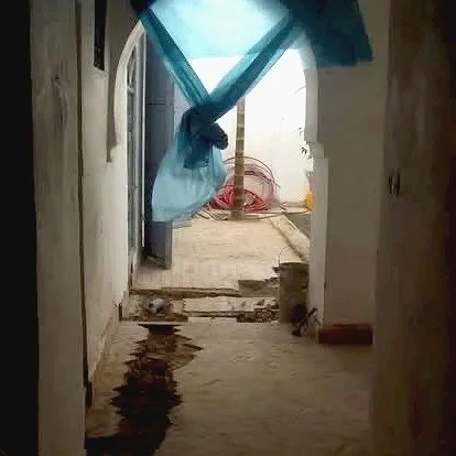View through a damaged doorway to an outdoor area with tangled plastic sheeting and construction materials.