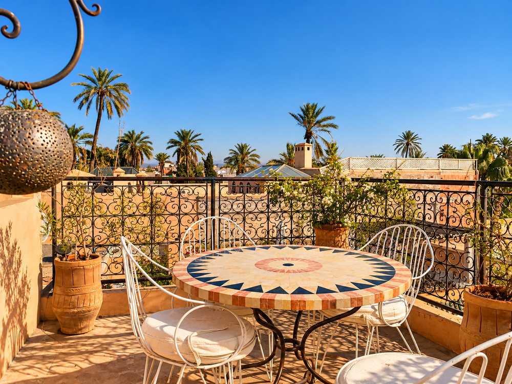 Mosaic table on the terrace at Riad Chameleon