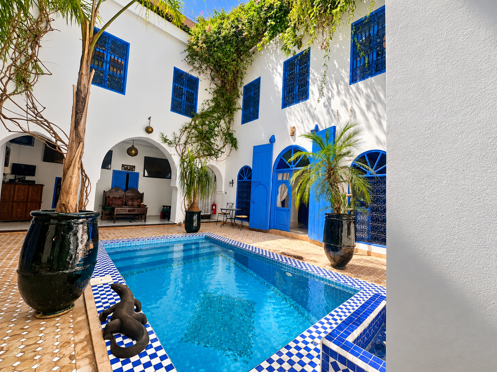 Sunlit blue and white courtyard at Riad Chameleon