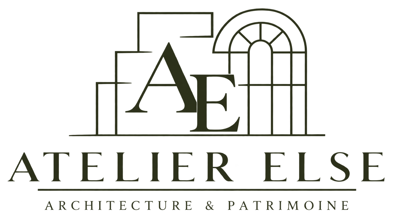 Logo de l'entreprise Atelier Else, spécialisée en architecture et patrimoine, avec des éléments graphiques représentant des bâtiments et une grande fenêtre, accompagnée du texte 'ARCHITECTURE & PATRIMOINE'.