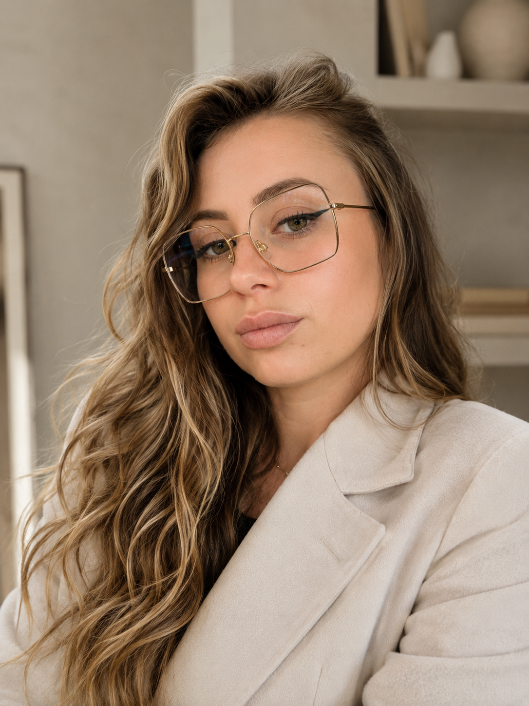 Jeune femme aux cheveux longs et bouclés, portant des lunettes, en vêtement beige, dans un intérieur avec un décor minimaliste.
