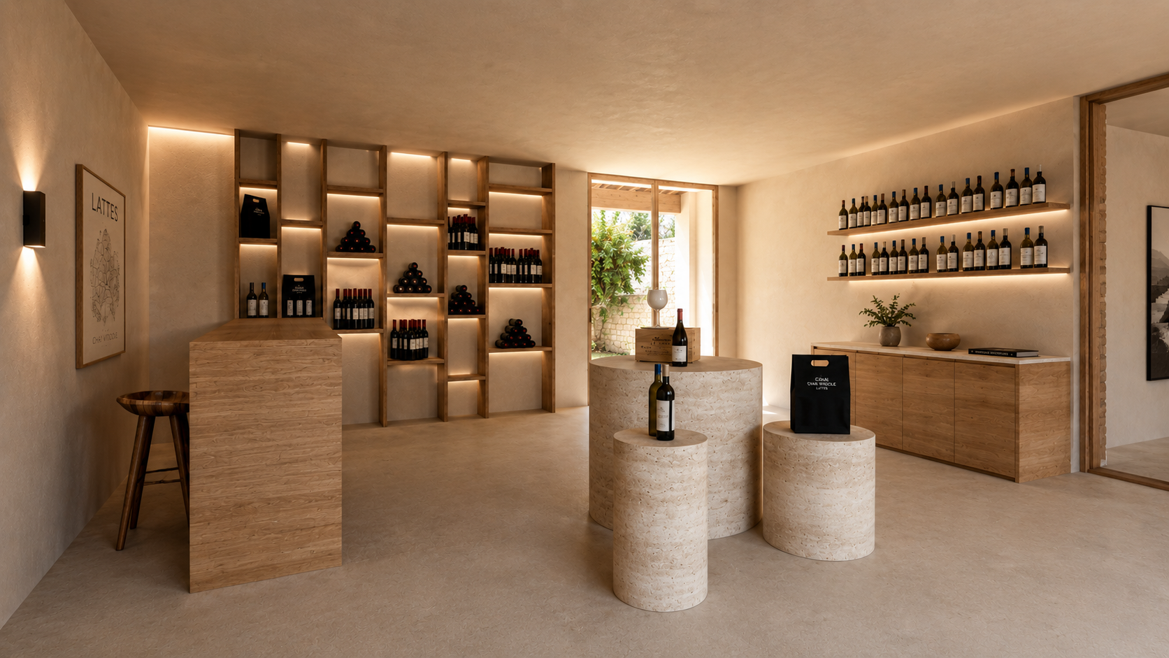 Une boutique de vin élégante avec des étagères en bois remplies de bouteilles de vin et des tables en pierre, décoration minimaliste et ambiance chaleureuse.
