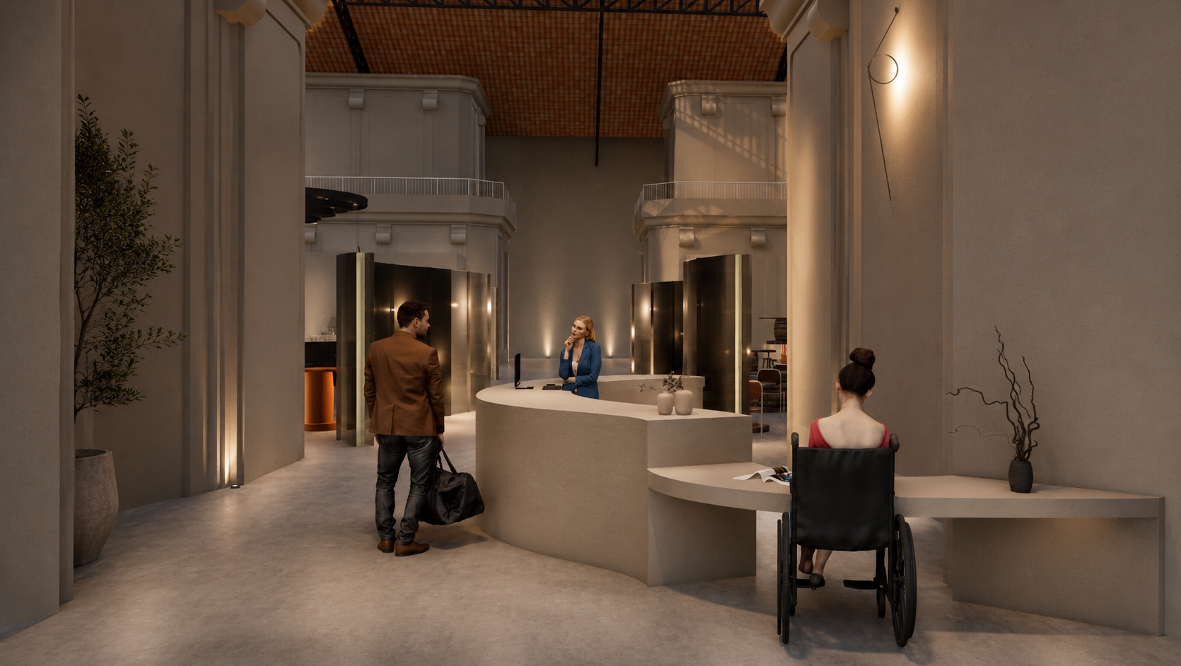 Hall d'hôtel avec réception, un homme avec un sac, une femme en fauteuil roulant, une réceptionniste, et une femme assise à un bureau.